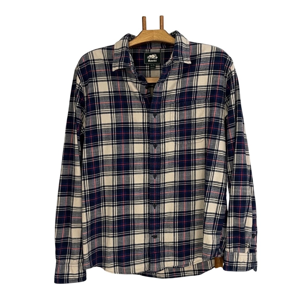 Roots Flannel Shirt Mens XL Blue Cream Plaid Long Sleeve Button Front Cotton